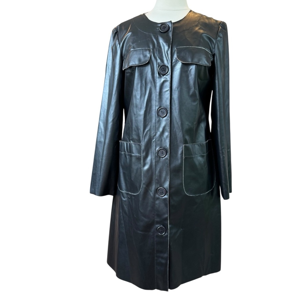 Trina Turk Duster Jacket Long Faux Leather Women’s Sz 8 Black Minimalist